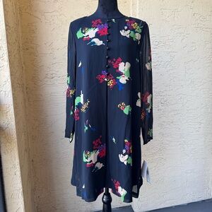 Evan Picone Black Silk Shift Dress Sz 10 Floral Print Long Sheer Sleeves NWT VTG